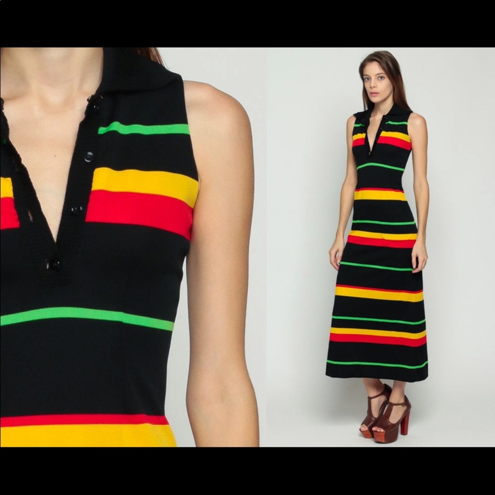 Striped Dress 70s Maxi Mod Striped Collared Sleeveless Polo Vintage 1970 xs